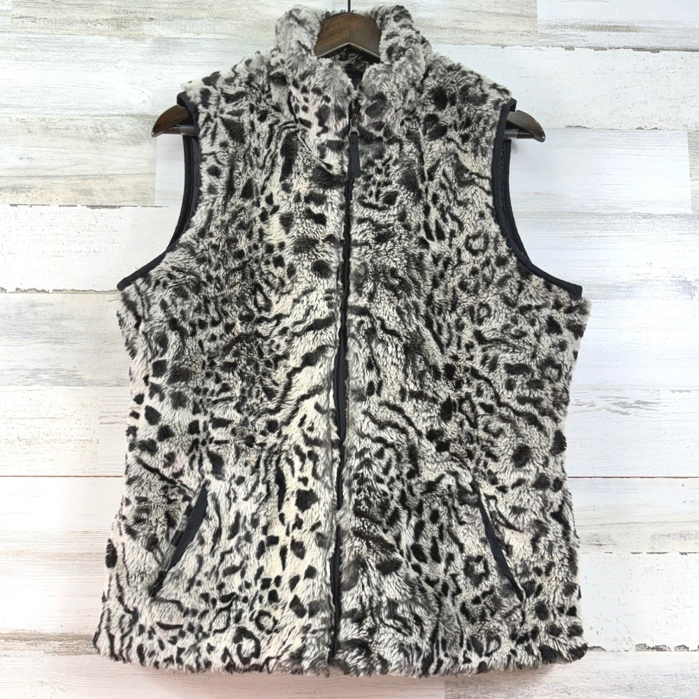 Coldwater Creek Faux Fur Leopard Print Vest Grey Black Zip Up Mock Neck Medium
